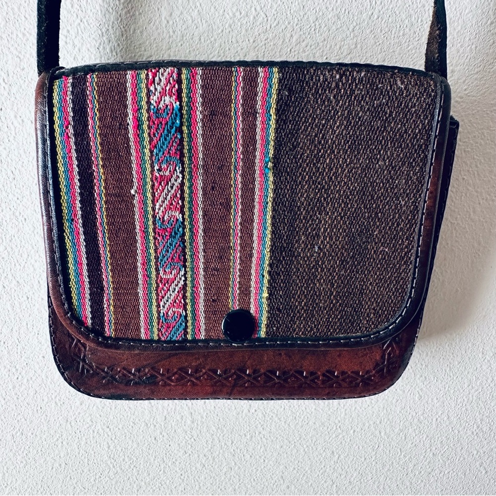 Tooled Leather and Woven Crossbody Bag South American
